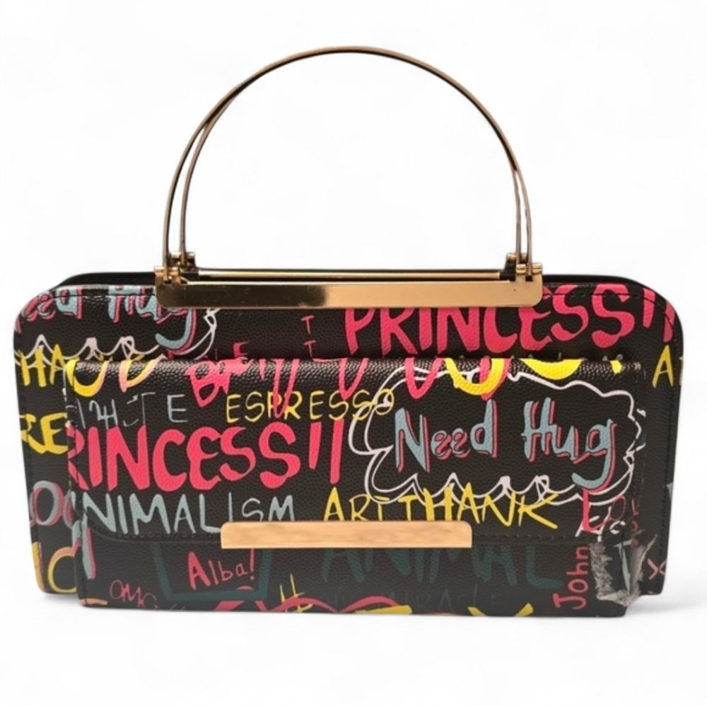 Alba Art Of Graffiti Two In One Clutch And Crossbody Bag Gold Accents